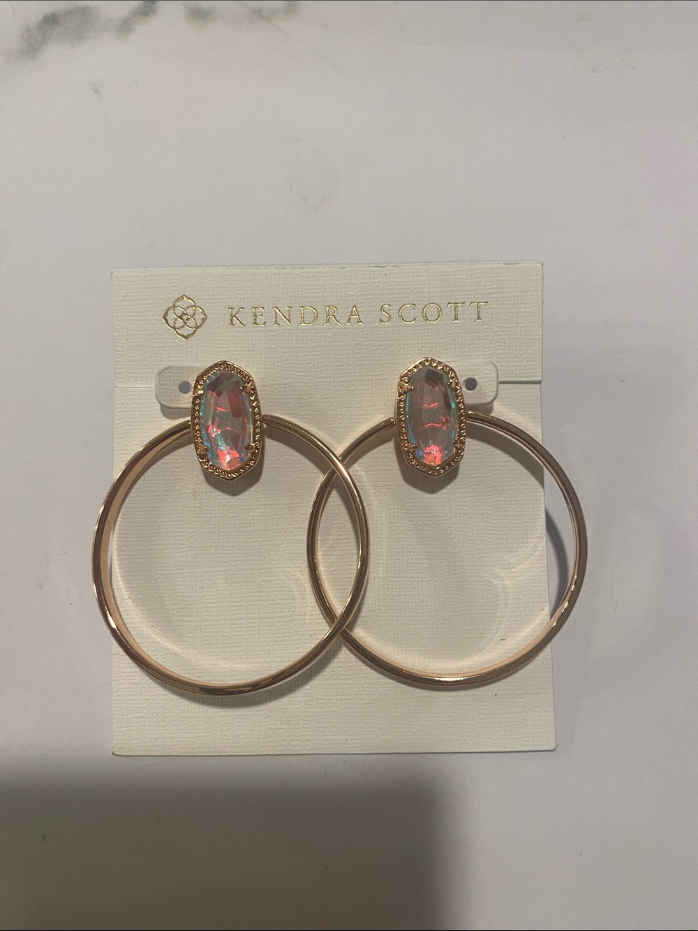Kendra Scott Rose Gold Hoop Earrings with Iridescent Opal Stones